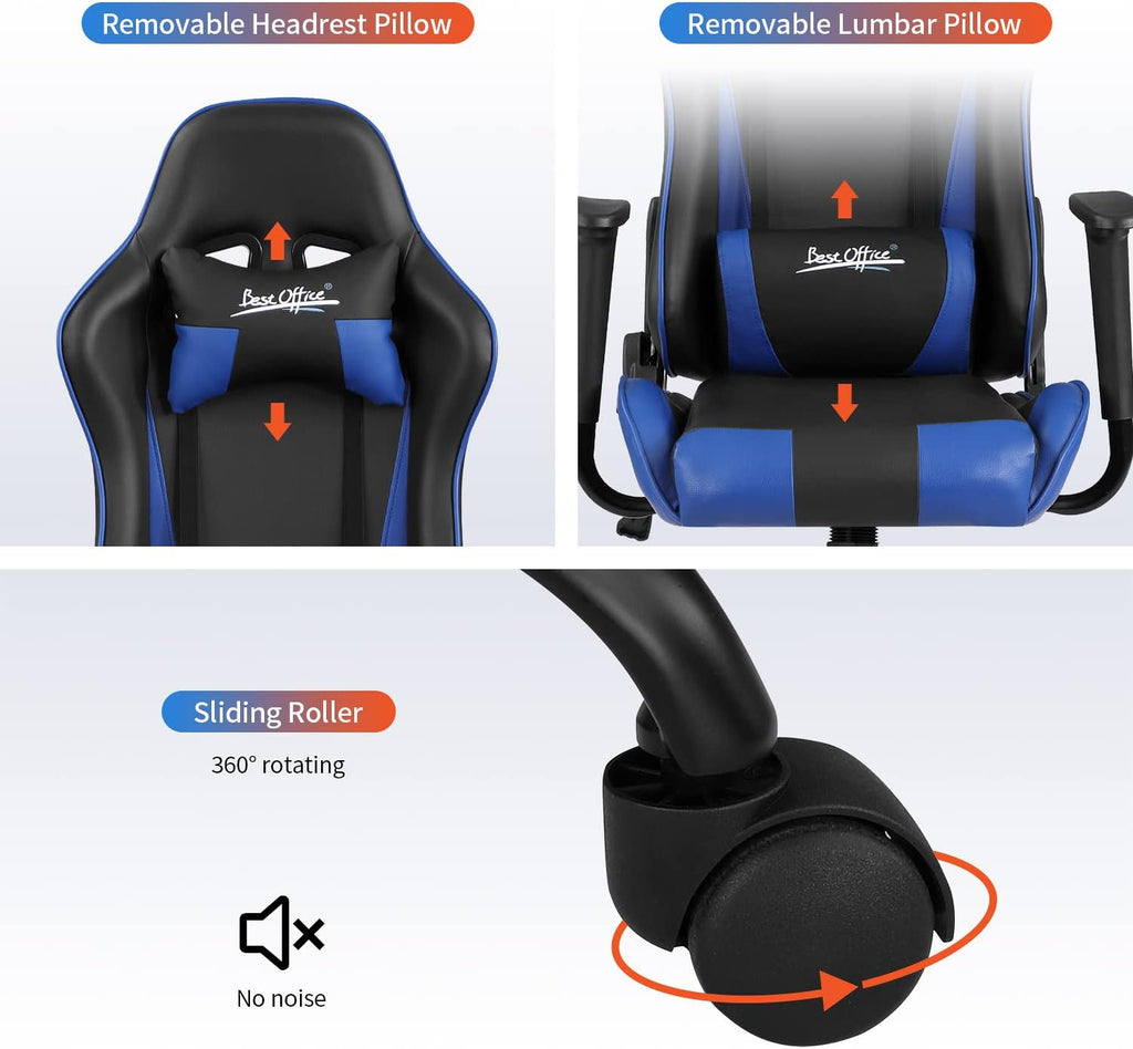 Ergonomic Gaming Chair for Adults with Lumbar Support, High Back Leather Desk Chair, Adjustable Swivel Computer Chair with Footrest and Headrest, Office Chair for Home and Gaming Setup (Blue)