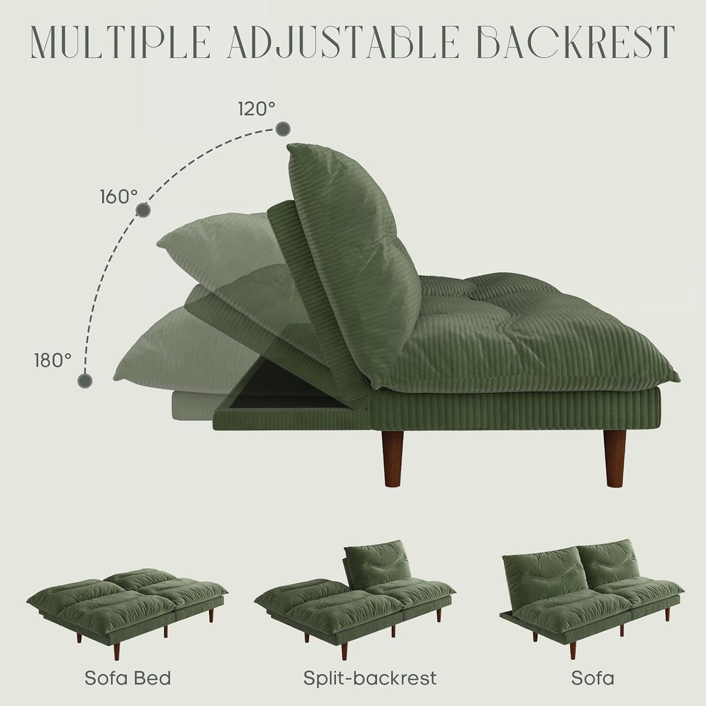 LLappuil Futon Sofa Bed, 69 inch Futon Couch with Adjustable Backrest, Corduroy Convertible Sleeper Sofa Bed, Folding Sleeper Recliner, Loveseat for Apartment, Living Room, Office (Green)