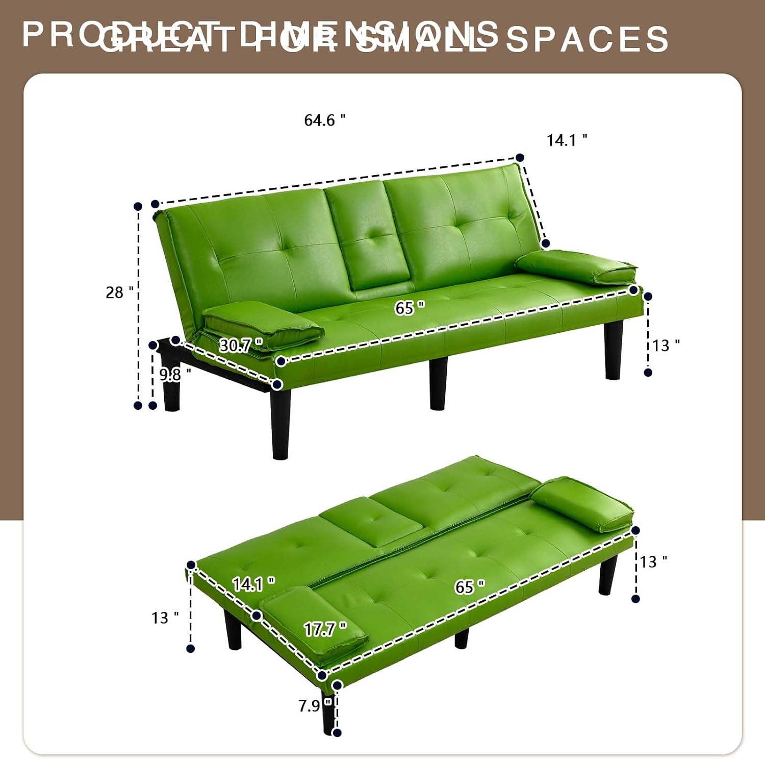 67' Futon Sofa Bed,Convertible Sofa Bed with 2 Cup Holders,Sleeper Couch PVC Leather Removable Soft Armrest Small Couch for Living Room Apartments ﻿ (Green)