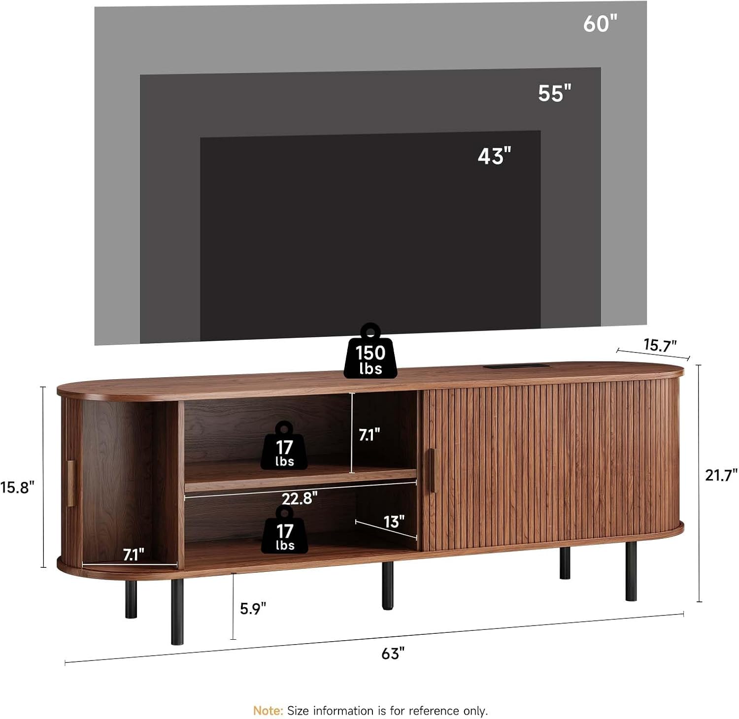 63' Fluted TV Stand with Power Outlet, Modern Media Console with Sliding Doors, Entertainment Center for TVs up to 60 Inch, Adjustable Shelves, Walnut