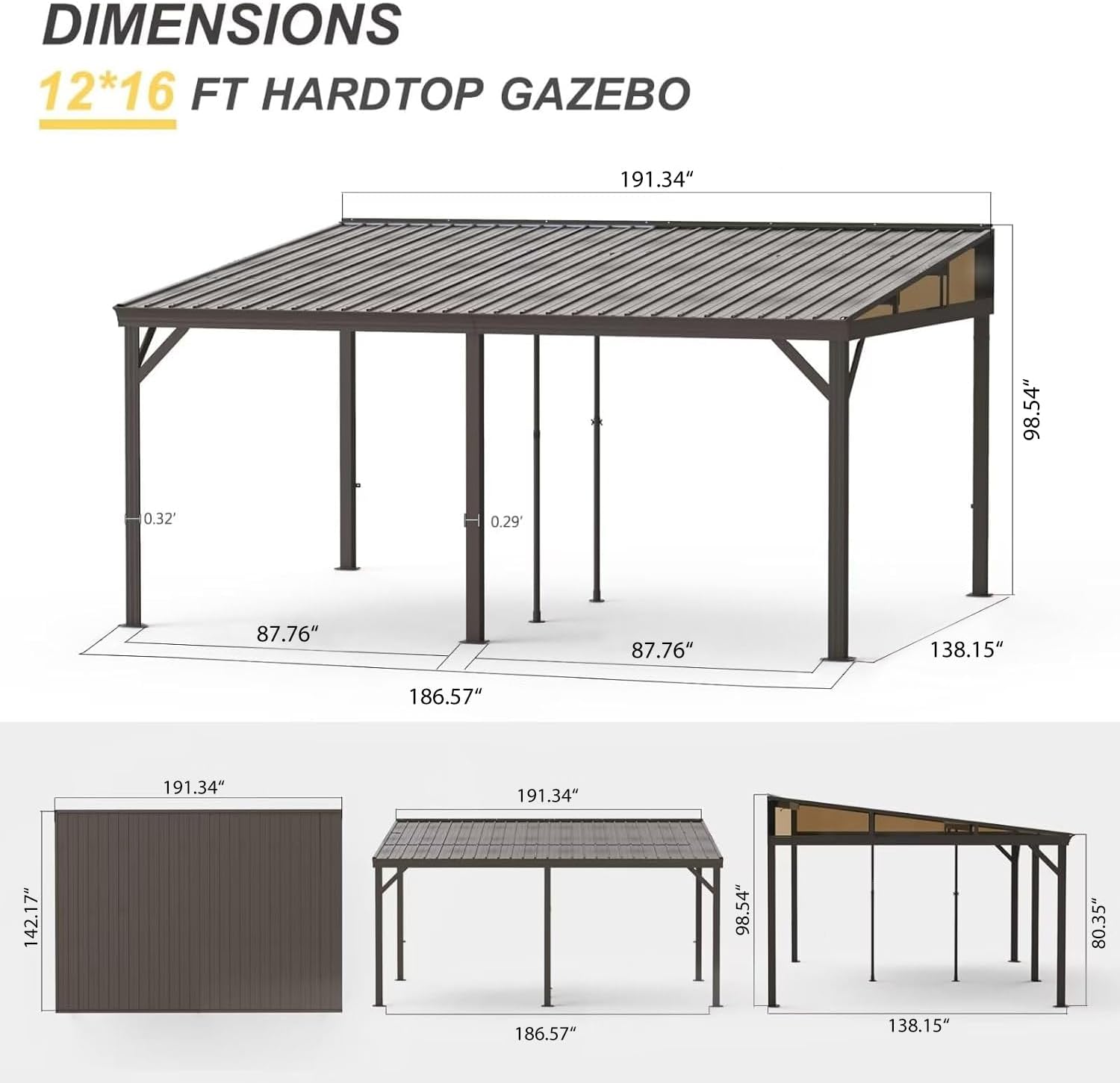 Domi 12x16FT Wall Mounted Gazebo Aluminum Frame, Lean to Gazebo Hardtop with Galvanized Steel Sloping Roof, Curtains and Netting for Patio Deck Backyard Lawn Party