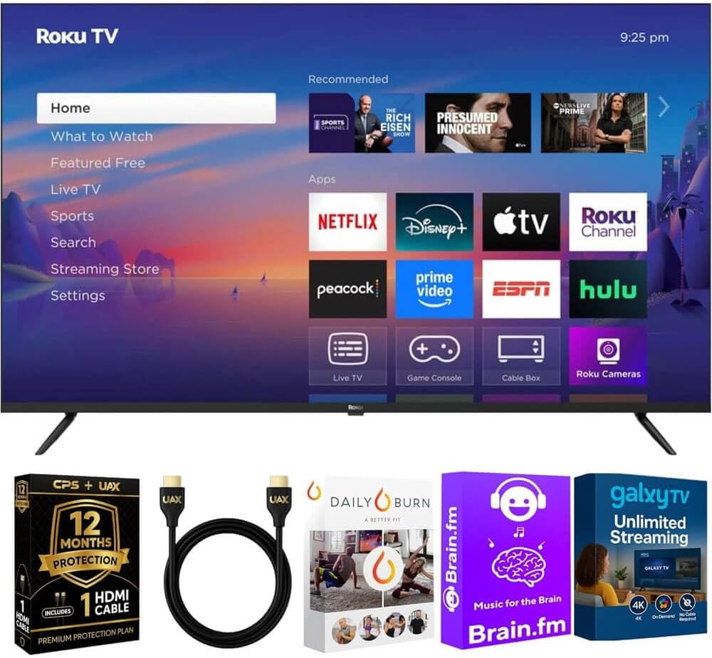 Roku 75-Inch Select Series 4K UHD Smart TV - HDR, Dolby Audio, Compatible with Alexa, Voice Remote, Bluetooth Mode, w/AUX HDMI Cable, CPS 1-Year Protection Plan + Streaming
