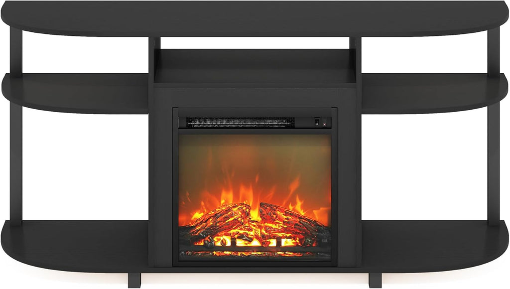 Furinno Jensen Fireplace TV Stand, Curved Entertainment Center, TV Console for TV up to 55 Inch with Fireplace and Open Storage, for Living Room, Bedroom, Americano