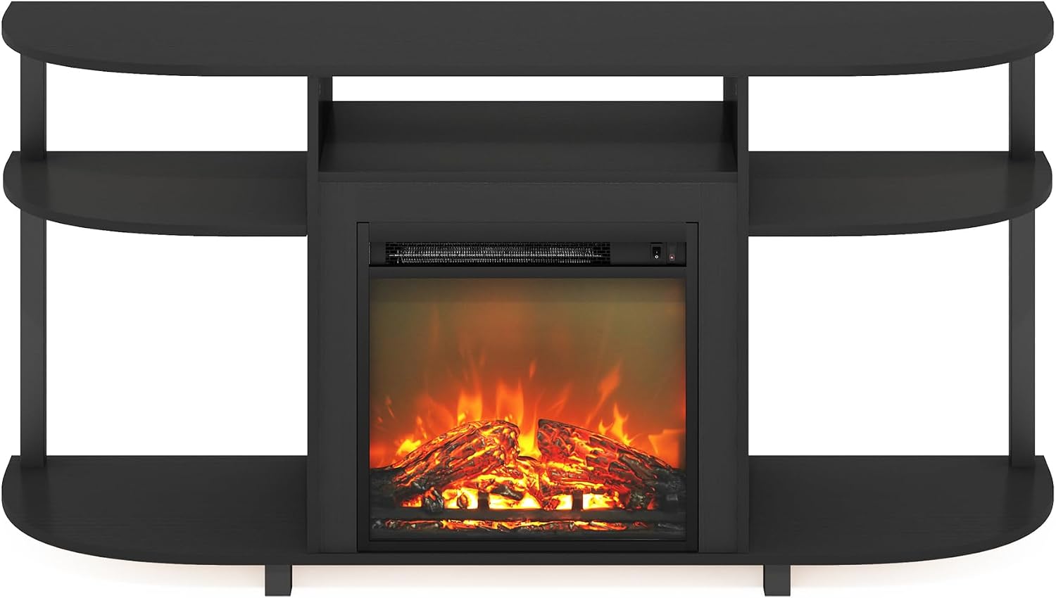 Furinno Jensen Fireplace TV Stand, Curved Entertainment Center, TV Console for TV up to 55 Inch with Fireplace and Open Storage, for Living Room, Bedroom, Americano