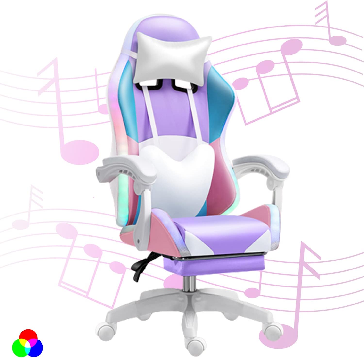 XOOFMASS RGB LED Gaming Chair for Adults, Ergonomic Video Game Chair with Speakers, Lumbar Support Office Chair Reclining Computer Chair with Footrest PU Leather Chair with Adjustable Backrest,Purple