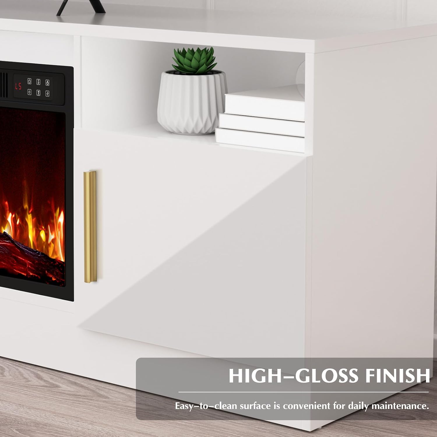 Lemberi Fireplace TV Stand with 36' Electric Fireplace, Fits TVs Up to 80', 70' LED Lit Entertainment Center, Modern High Gloss Wood with Spacious Storage Cabinet for Living Room, White