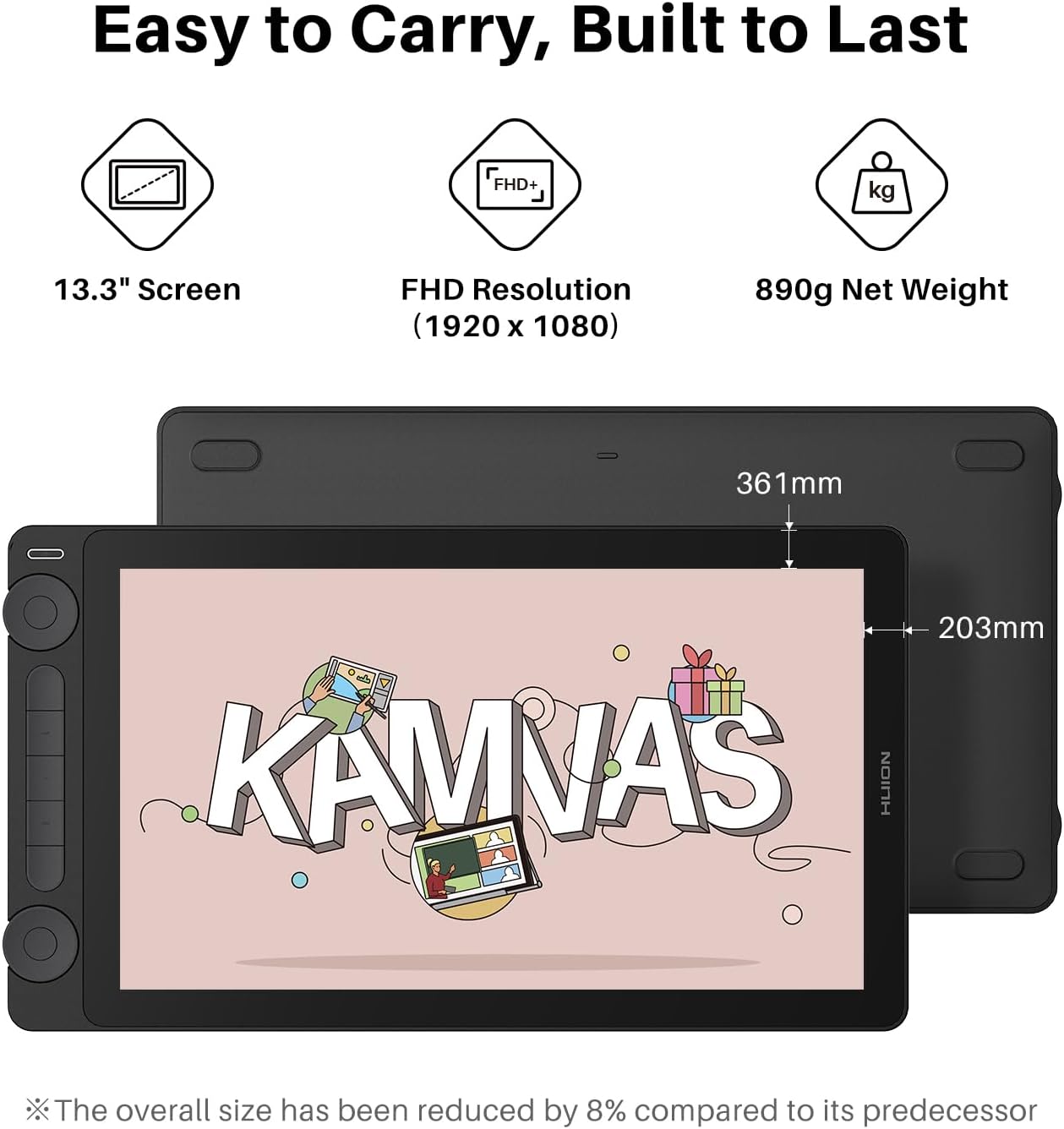 HUION Kamvas 13 (Gen 3) Drawing Tablet with Screen,13.3' Full-Laminated Art Tablet with Anti-Sparkle Canvas Glass 2.0, 99% sRGB, PenTech 4.0, 16384 Pen Pressure, Dual Dial for PC, Mac, Android, Black