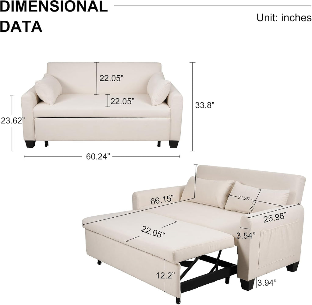 Oversized 3-in-1 Convertible Sleeper Sofa Bed, Futon Couch with Pullout Bed, 2-Seater Loveseat Sofa w/Pockets, Adjustable Backrest and Pillows for Living Room Apartment (White)