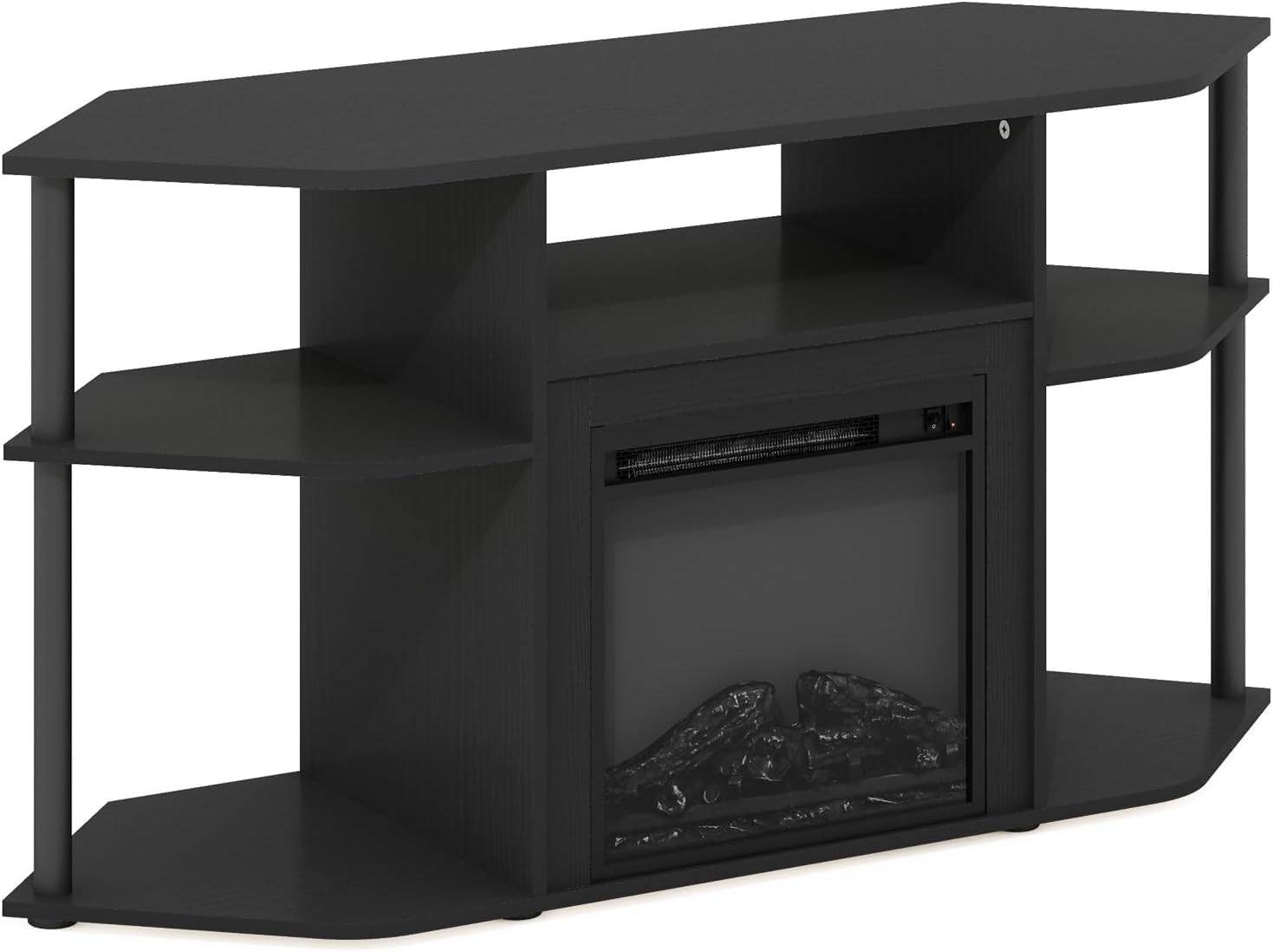 Furinno Jensen Fireplace TV Stand, Corner Entertainment Center, TV Console for TV up to 55 Inch with Fireplace, Plastic Poles and Open Storage, for Living Room, Bedroom, Americano