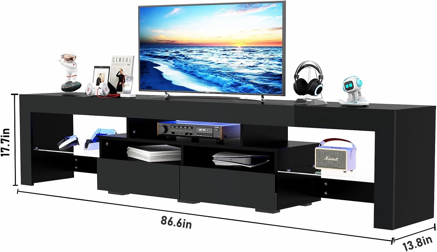 St.Mandyu 86IN LED TV Stand for 90/100 inch TV, High Glossy Modern Entertainment Center with Drawer and Led Lights, Television Table Media Console for Living Game Room Bedroom, Black
