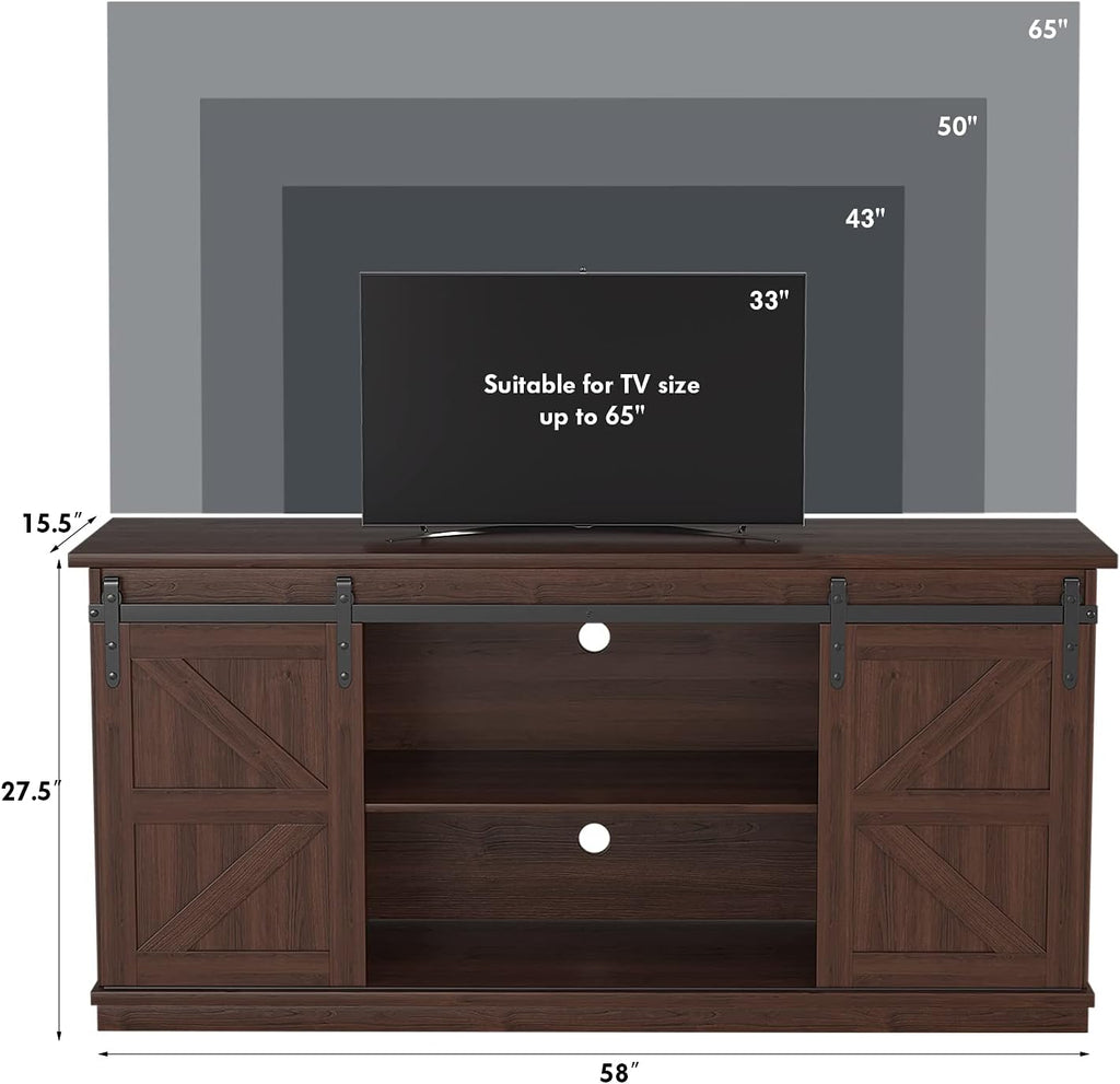 JUMMICO TV Stand for 65 Inch TV, Entertainment Center with Storage Cabinets and Sliding Barn Doors, Mid Century Modern Media TV Console Table for Living Room Bedroom (Brown)