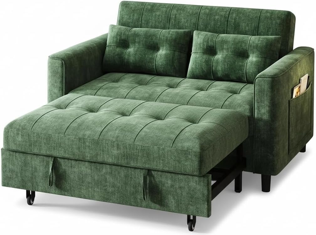 KKL 3 in 1 Convertible Small Sleeper Sofa Bed, Pull Out Couch Bed with Adjustable Backrest, Chenille Loveseat Pullout Couches with Side Pocket for Living Room, Bedroom,Green