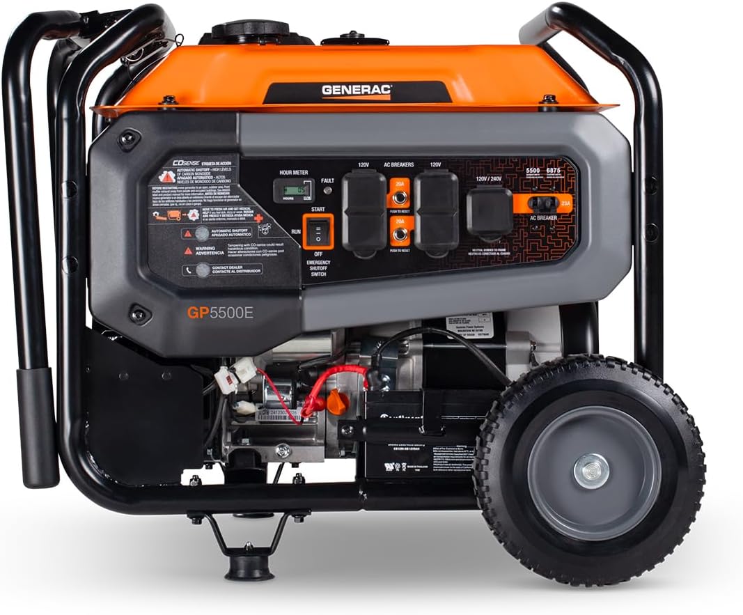 Generac 6,875 Starting Watt Portable Gas Generator - Electric Start - Home Backup or RV Ready - Heavy Duty Frame - Quiet, Long Runtime, Emergency Power - 50-State Compliant
