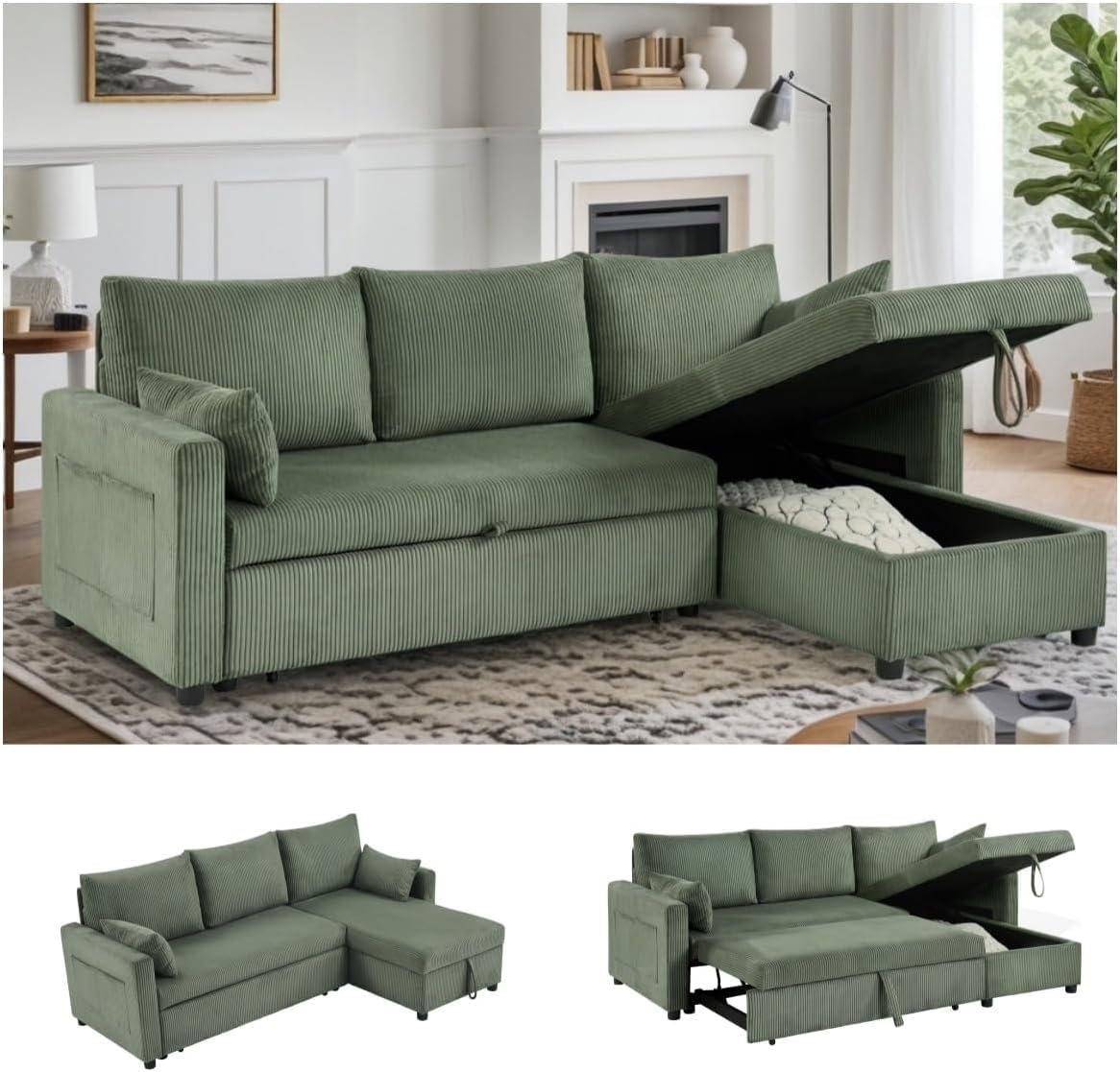 Queen Sleeper Sofa, Convertible Sofa Bed with Storage, 85 Inch Sectional Couch with Pull Out Bed, L Shaped 3 Seat Sectional Sleeper Sofa for Living Room, Apartment, Green