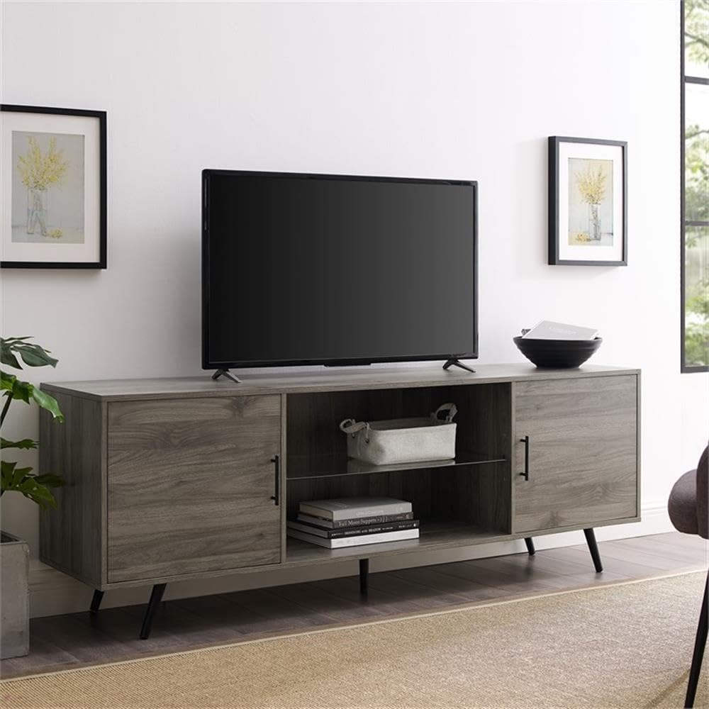 Walker Edison Saxon Mid Century Modern 2 Door Glass Shelf TV Stand for TVs up to 80 Inches, 70 Inch, Grey