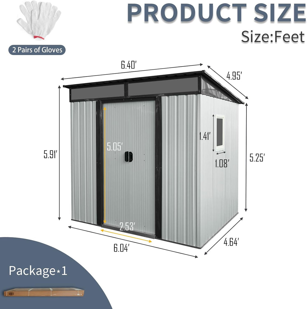 6x5 ft Outdoor Metal Storage Shed with Floor Floor and Window, Lockable Galvanized Steel Tool Shed with Sliding Door, Air Vent and Transparent Plate, Waterproof Garden Storage House for Backyard