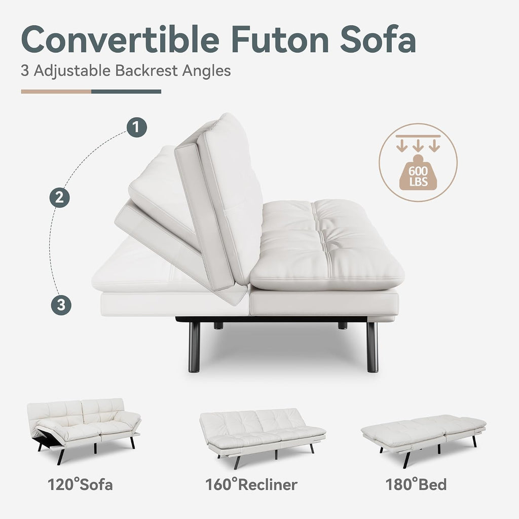 Vyfipt Convertible Futon Sofa Bed, White Faux Leather Futon Couch with Adjustable Backrest & Armrests, Folding Small Recliner Sleeper Sofa Bed for Living Room, Apartment, Office