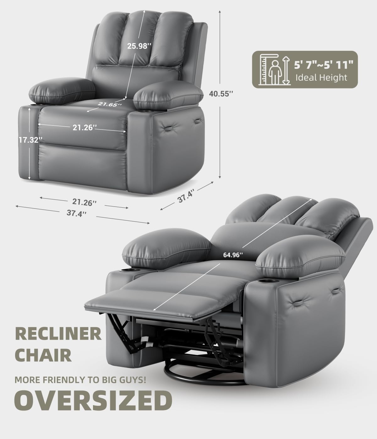 22'' Electric Recliner Chair for Adults, Swivel Rocker Recliner with Massage and Heat, Pu Leather Single Sofa with Cup Holder and Side Pocket, for Living Room, Bedroom, Grey