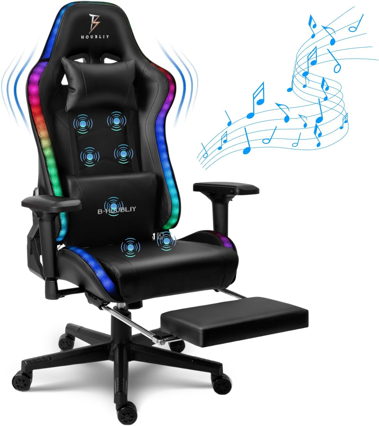 LED RGB Gaming Chair with 7-Point Massage and Speakers Ergonomic Computer Desk Chair Video Gaming Chair with Footrest Adjustable Reclining Gamer Chair High Back PU Leather Office Chair,Black