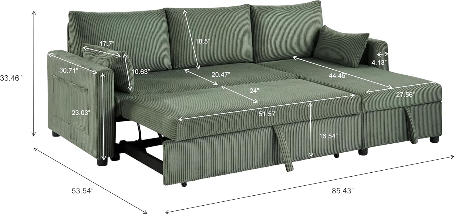 Queen Sleeper Sofa, Convertible Sofa Bed with Storage, 85 Inch Sectional Couch with Pull Out Bed, L Shaped 3 Seat Sectional Sleeper Sofa for Living Room, Apartment, Green