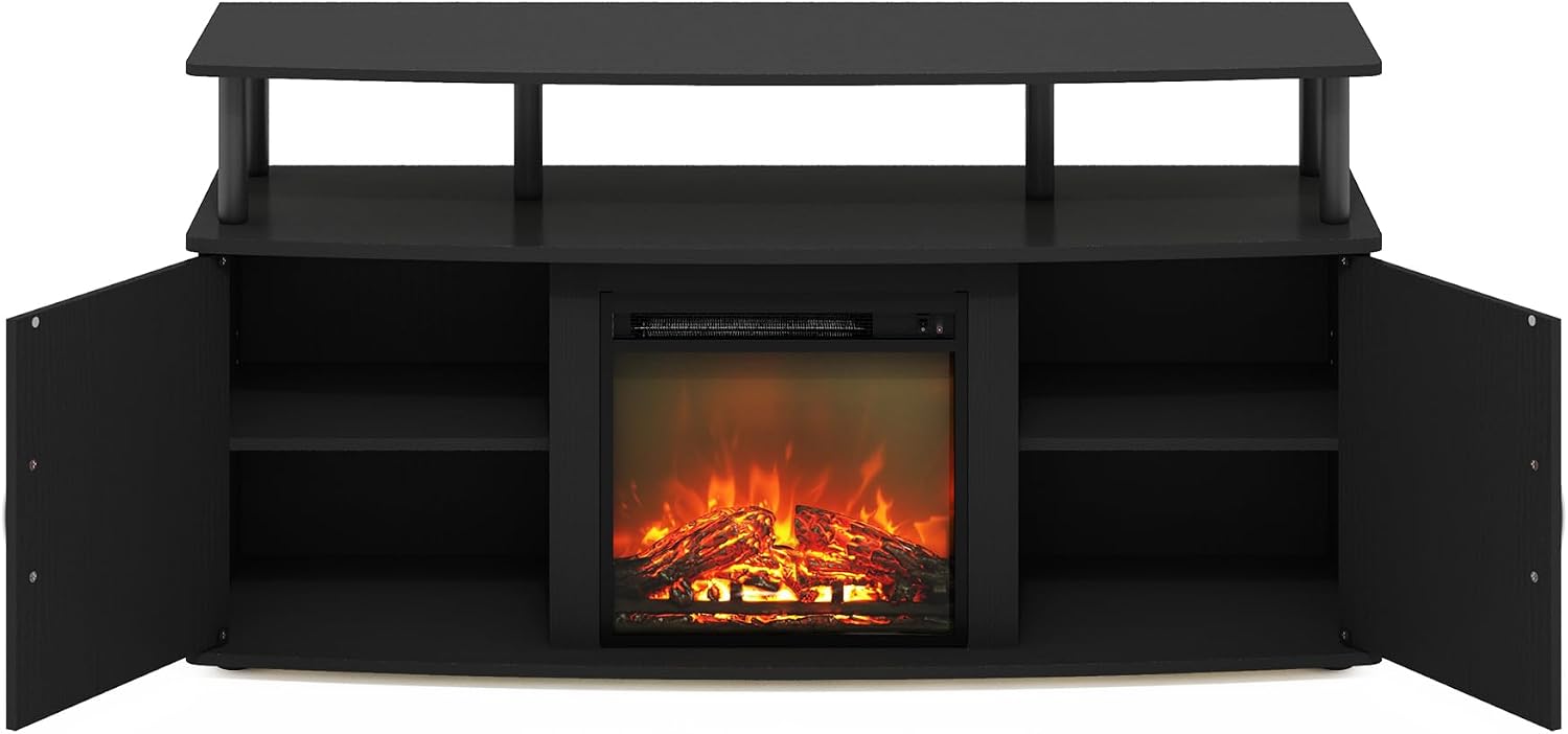 Furinno Jensen Fireplace TV Stand, Entertainment Center, TV Console for TV up to 55 Inch with Fireplace and Doors Storage Cabinet, for Living Room, Bedroom, Americano