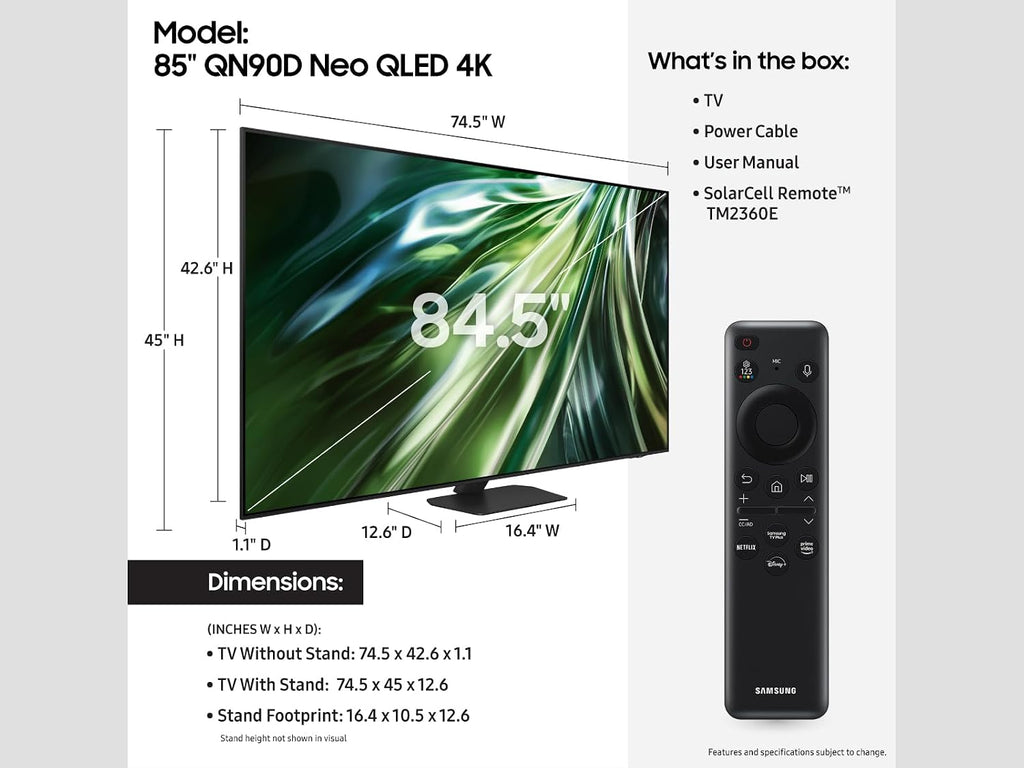 Samsung 75-Inch Class Neo QLED 4K QN90D Series Mini LED, Neo Quantum HDR+ Smart TV w/Dolby Atmos, Object Tracking Sound+, Motion Xcelerator, Real Depth Enhancer Pro, Alexa Built-in (QN75QN90D, 2024)