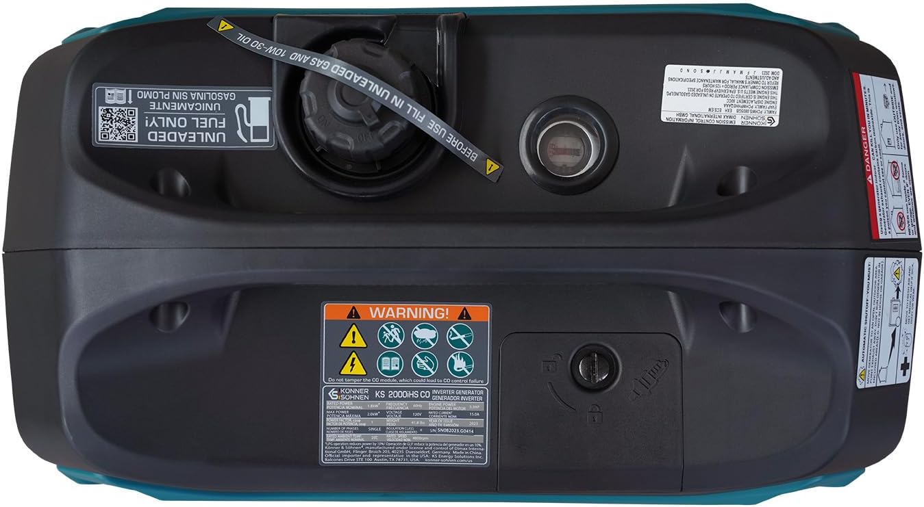 Konner&Sohnen Gas Inverter Generator - 2000 Watt, Lightweight and Portable, Super Quiet with CO Sensor, for Backup Home Use, Camping, RV | Parallel connection (German brand, model: KS 2000iS CO)