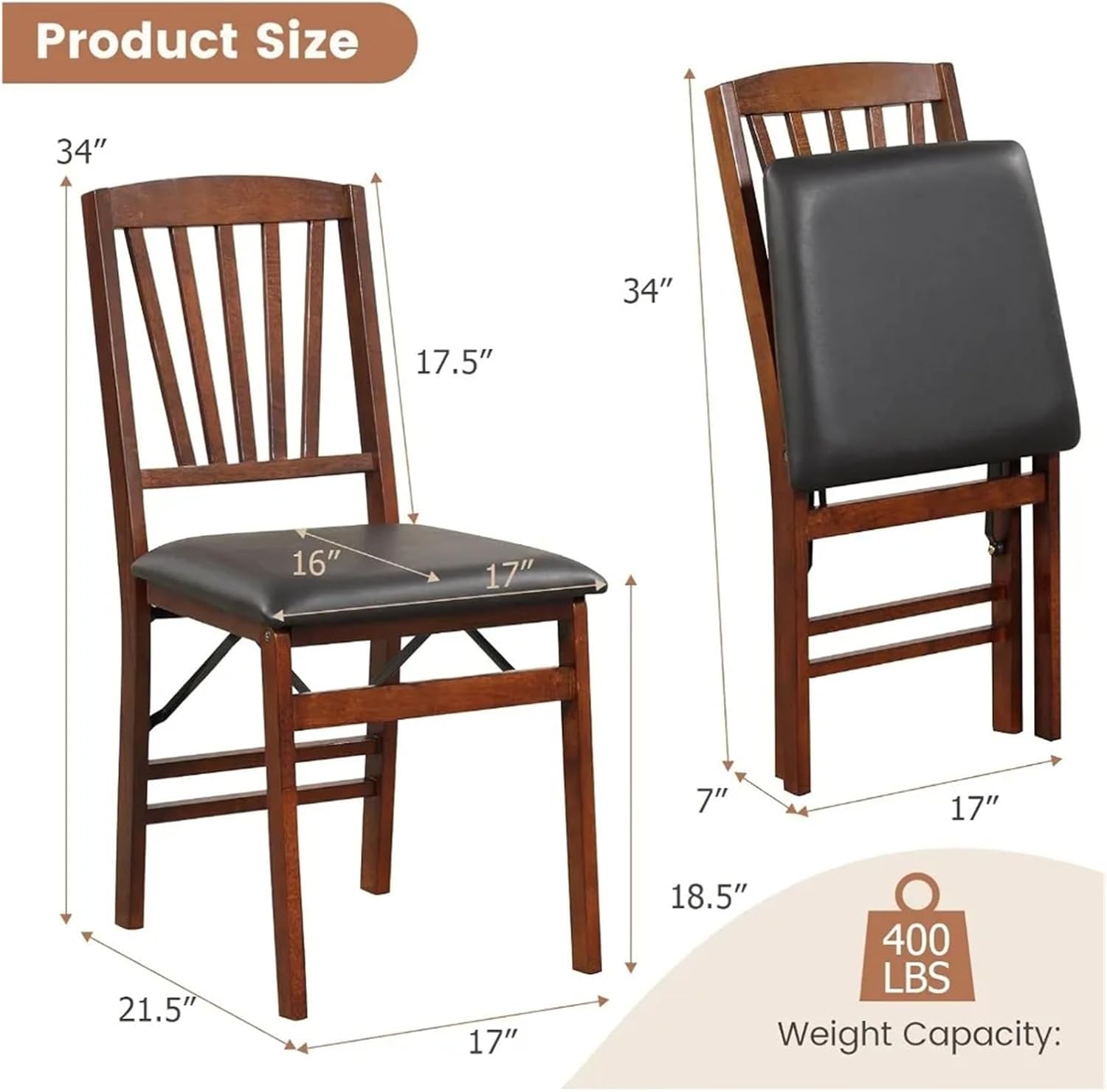 Dining Chairs Outdoor 1pcs Foldable Kitchen Dining Chairs with Padded Seat Solid Wood Frame Max Load 400Lbs