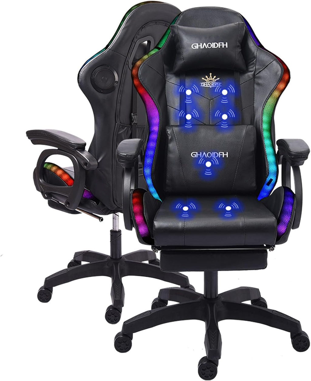 Ergonomic RGB Gaming Chair with Massage, Adjustable Footrest, and Built-in Speakers,Swivel Reclining PU Leather Design with Lumbar Support - Ultimate High-Back Racing Gaming Chair.,Black