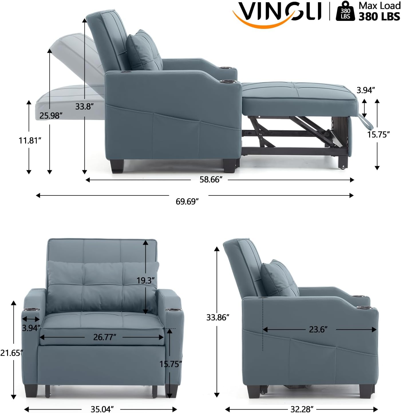 VINGLI Blue Gery Sleeper Chair Bed 3-in-1 Convertible Futon Sofa Bed Pull Out Couch Bed Adjustable Recliner Chair with USB Ports Cup Holders Side Pockets for Living Room Bedroom Small Spaces