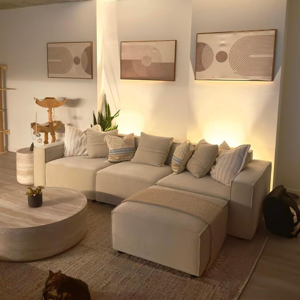 Acanva Luxury Modular Sectional Living Room Sofa Set, Modern Minimalist Style Couch with Ottoman and Chaise, L-Shape, Linen-Like Cream | Minimalist Style, With Ottoman, Modular Sectional