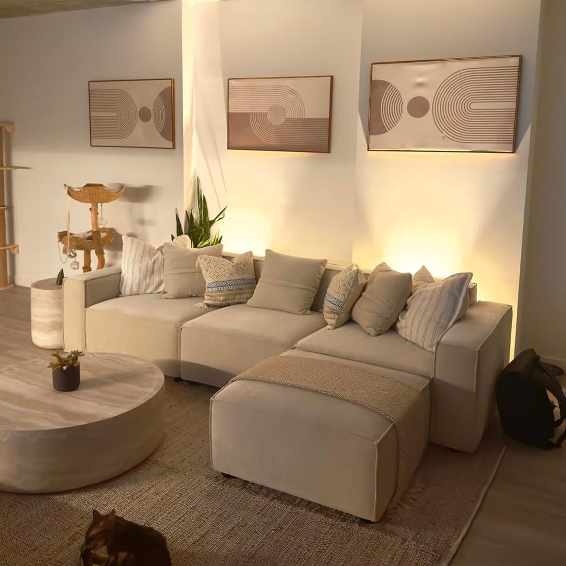 Acanva Luxury Modular Sectional Living Room Sofa Set, Modern Minimalist Style Couch with Ottoman and Chaise, L-Shape, Linen-Like Cream | Minimalist Style, With Ottoman, Modular Sectional