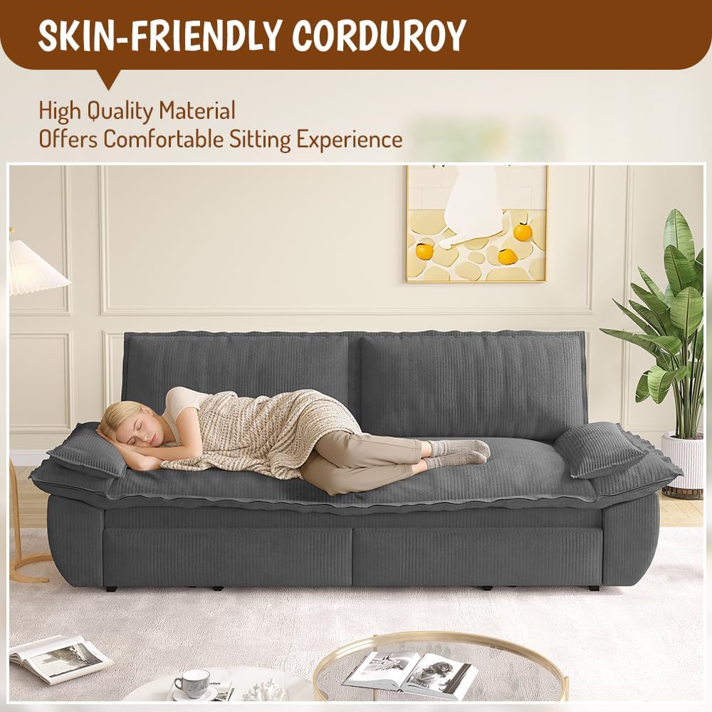 73.2' Sofa Bed Queen, 3-in-1 Pull Out Sofa Bed with Pillow Armrest, Modern Corduroy Convertible Sleeper Futon Sofa for Living Room Small Space, Apartment, Bedroom, Grey