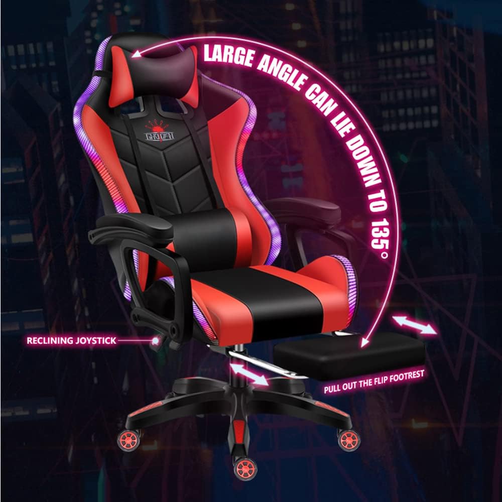 Ergonomic Gaming Chairs for Adults with Speakers and LED Lights Computer Chair with Footrest and Lumbar Support, High Back Video Game Chair for Home, Office,White