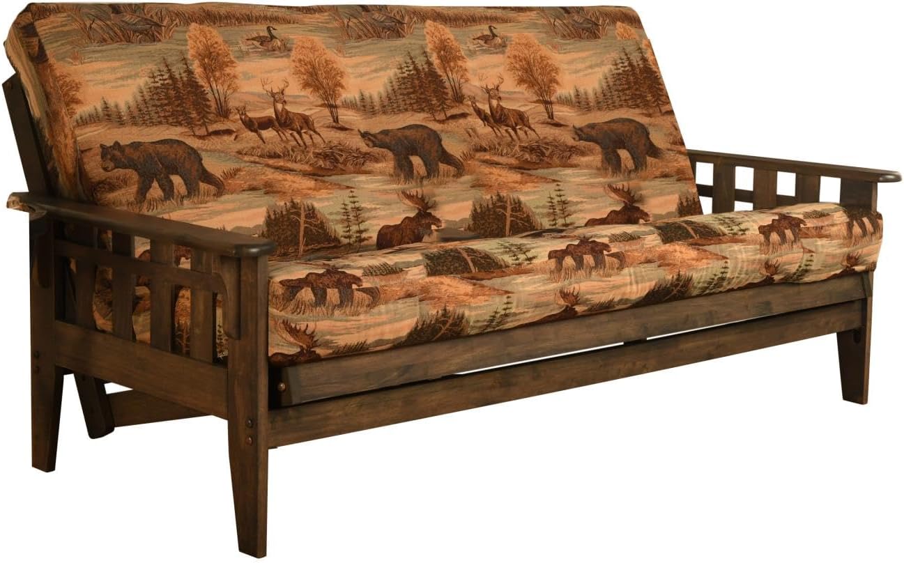Tucson Rustic Walnut Frame and Mattress Set with Choice to add Drawers, 8 Inch Innerspring Futon Sofa Bed Full Size Wood (Kodiak Bear Matt and Frame (No Drawers))