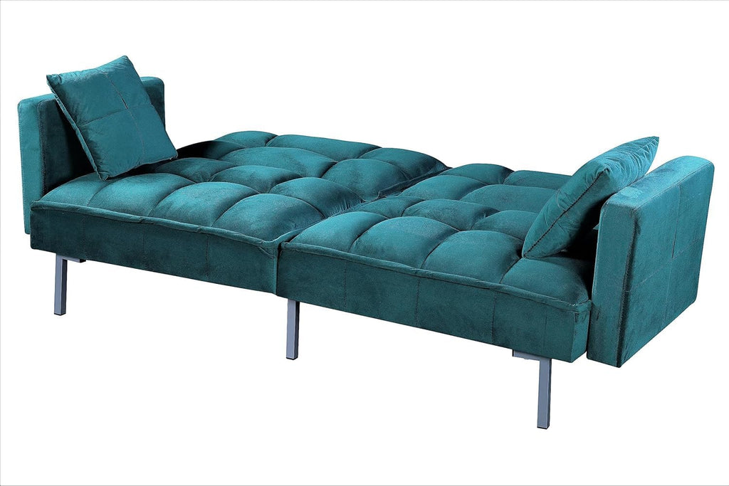 Container Furniture Direct Regal 75.6' Velvet Convertible Sofa Bed - Mid-Century Sleeper Couch w/Tufted Design & Metal Legs - Pull-Out Futon for Guests/Home (75.6' W x 34.6' D x 32' H), Blue