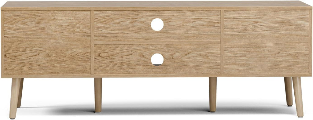 LCRBOL TV Stand for Living Room, Boho Entertainment Center for 55/60 inch TVs, Media Console with Fluted Door Cabinets and Open Shelves, for Bedroom, Oak