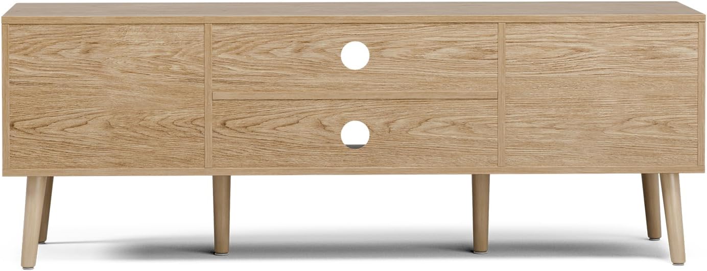 LCRBOL TV Stand for Living Room, Boho Entertainment Center for 55/60 inch TVs, Media Console with Fluted Door Cabinets and Open Shelves, for Bedroom, Oak