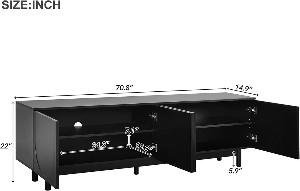 Merax Graceful TV Stand with Arch Cabinets for Televisions Up to 78'', Minimalist Entertainment Center with Solid Wood Legs and Adjustable Shelves, Practical Media Console for Living Room, Black