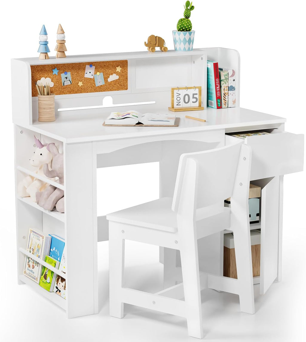 JOYMOR Kids Desk and Chair Set with Bookshelf, Kids Study Desk with Chair with Storage Cabinet, Student Writing Table for Study & Crafts, Student Computer Workstation for 5-12 Years Old, White