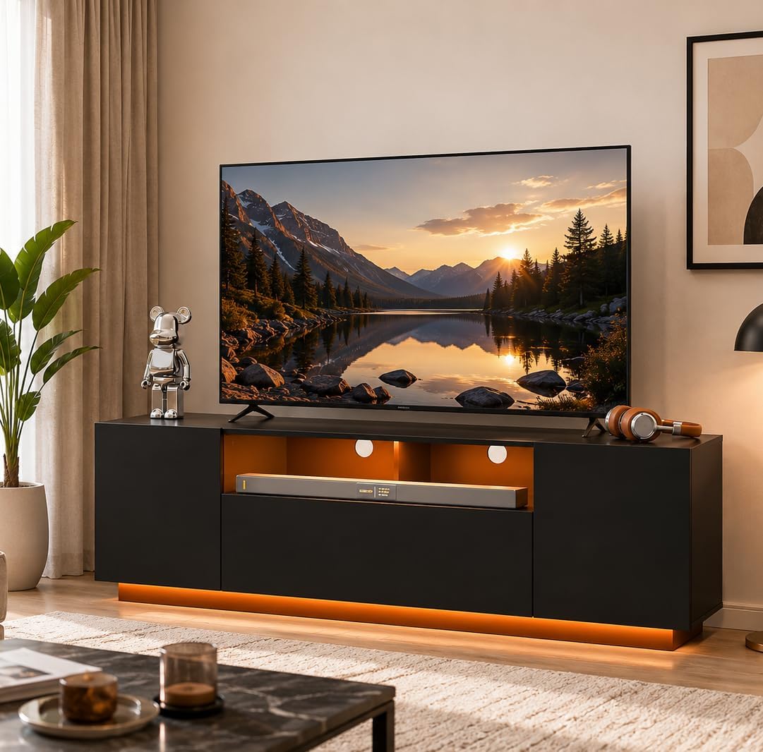 WLIVE Modern TV Stand for 65 Inch TV, Entertainment Center with LED Lights & Large Storage Cabinets, Sturdy Media Console for Living Room, Bedroom, Gaming(Black)