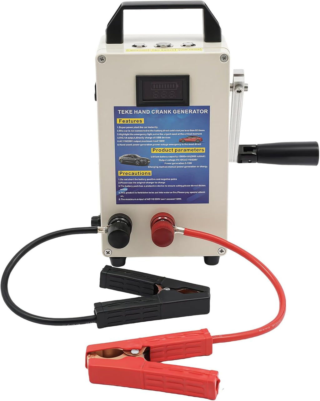 150W Hand Crank Manual Generator, Portable Power Station with USB/Vehicle Charging, Small Inverter Generator Emergency Power Supply for Home, Camping, Outdoor Survival, Mobile Devices