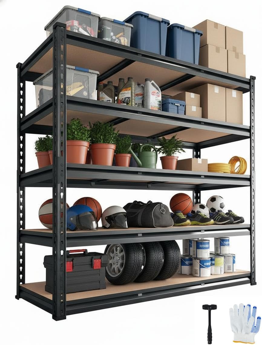 Garvee 5-Tier Garage Shelving Units,48 x 24 x 72 Inch Metal Heavy Duty Adjustable Storage Shelves,Loads 3000 LBS,Garage Storage Shelving, Metal Storage Utility Racks Shelf Unit