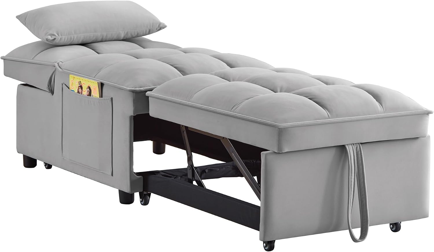 YOPTO Multi-Function Convertible Single Sleeper Sofa Bed with Storage Pockets,Velvet Tufted Pull-Out Couch Bed 4in1 W/Adjustable Backrest & Pillows,Chaise Lounge for Living Room,Small Space,Gray