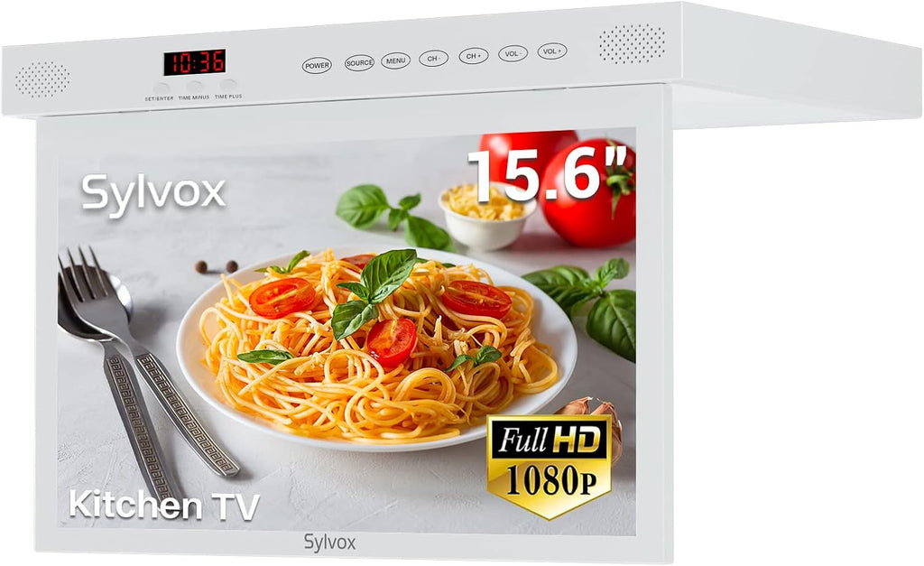 SYLVOX 15.6' Under Cabinet Smart TV – 360° Rotation, 90° Flip-Down Screen, Wireless Connectivity, Space-Saving Design for Kitchen, Bedroom, or RV. (Pure White)
