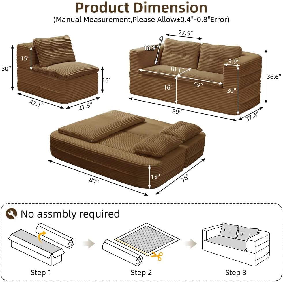 80'' Futon Sofa Bed, King Size Foldable Sleeper Sofa, Corduroy Boneless Loveseat Couch with Chaise Lounge, 3 Pillows, Blanket, Upholstered Sectional Couches for Living Room, Bedroom, Camel