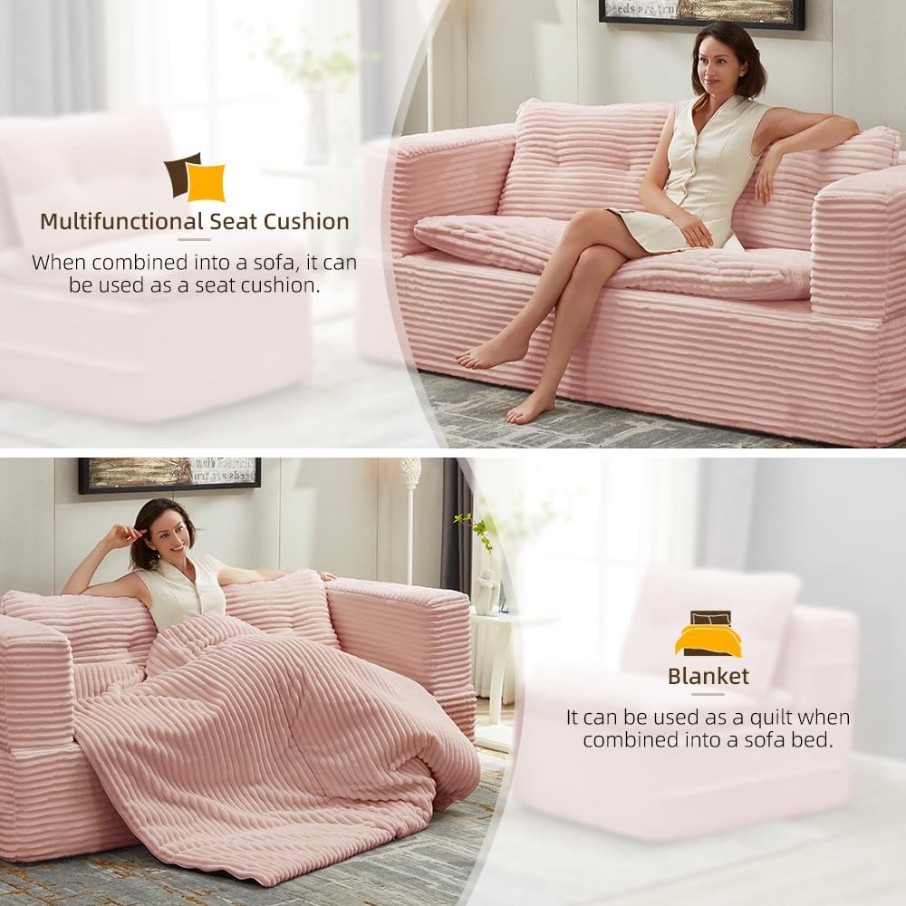 80' Convertible Sectional Sofa Bed with Independent Chaise Lounge and Functional Blanket, Multi-Functional Corduroy Boneless Couch, Foldable Futon Sleeper Sofa with Deep Seat, Baby Pink