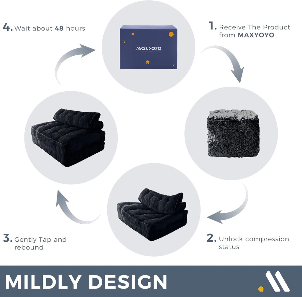 MAXYOYO Folding Sofa Bed, Convertible Sleeper Chair with Pillow Foldable Mattress with Back Support, Portable Fold Out Chair Bed Comfy Floor Sofa Lounge for Living Room Bedroom, Black Double