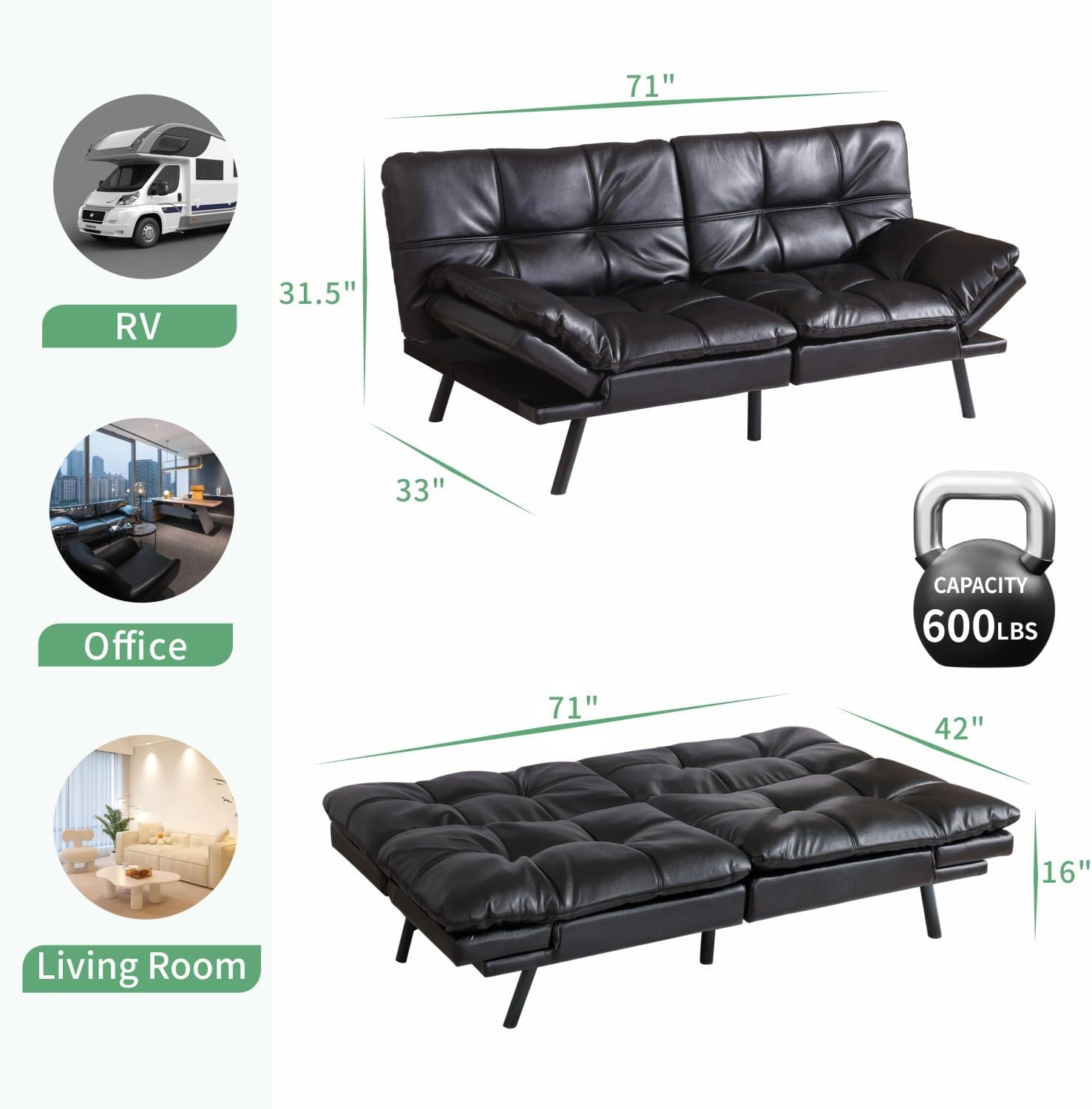 MUUEGM 71' Futon Sofa Bed, Convertible Couch Filled with Memory Foam, Modern Loveseat with Adjustable Backrest&Armrest, Sofas for Living Room,Game Room,Dormitory,Office.Black Leather