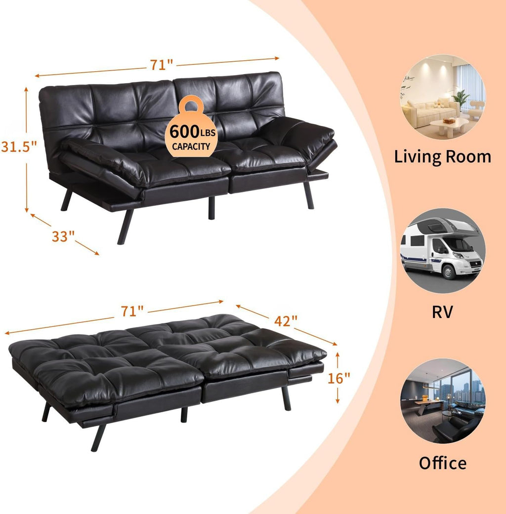 MUUEGM Futon Sofa Bed 71' Convertible Memory Foam Shiny Black Futon Couch Bed Modern Loveseat Sleeper with Adjustable Backrests Armrests for Living Room,Small Space,Office
